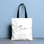 Tote Bag Bride Modern Elegant Script Mariage Nom personnali<br><div class="desc">Bride Modern Elegant Script Typography Mariage Custom Name Sac fourre-tout présente le texte simple "Bride" dans une élégante typographie de script de calligraphie noire moderne. Personnalisé avec votre nom personnalisé et votre date de mariage. Parfait pour la mariée pour une douche nuptiale ou un jour de mariage. Conçu par Evco...</div>
