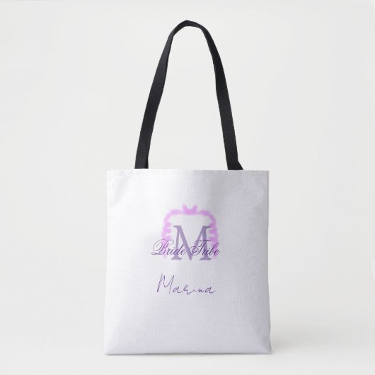 Tote Bag Bride tribe monogram purple ruffle pink border spa (Devant)