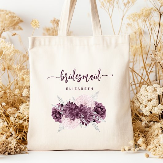 Tote Bag Bridesmaid Floral Mauve Purple Blush Script