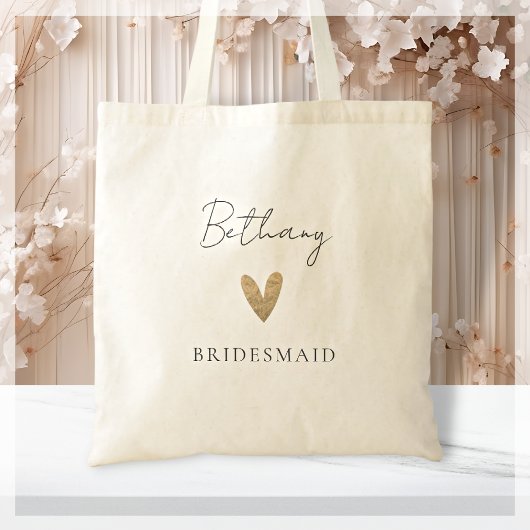 Tote Bag Bridesmaid Gold Heart Script moderne