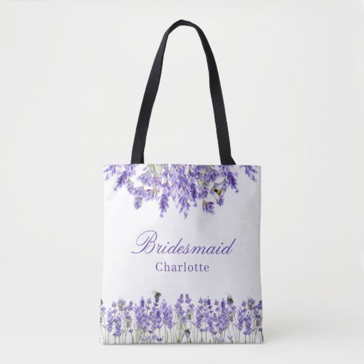Tote Bag Bridesmaid lavender fleurs violet nom script (Devant)
