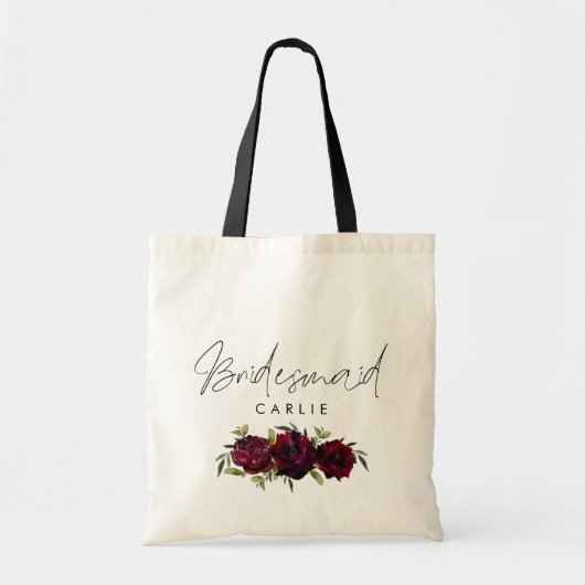 Tote Bag Bridesmaid Scrip Nom Bourgogne Rose Floral (Devant)