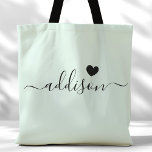 Tote Bag Bridesmaid Script moderne Coeur Pale Mint<br><div class="desc">Ce sac fourre-tout chic dispose d'un bel arrière - plan Pale Mint orné d'une police de caractères moderne et d'un design de coeur délicat. La couleur douce et élégante et la typographie sophistiquée en font un accessoire idéal pour les demoiselles d'honneur ou toute personne qui aime les designs élégants et...</div>