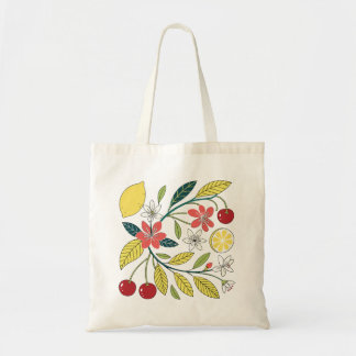Tote Bag Bright Lemon and Cherry Botanical