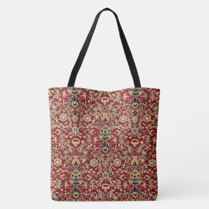 Tote Bag Broderie folle Jaune, Vert, Noir sur Rouge profond
