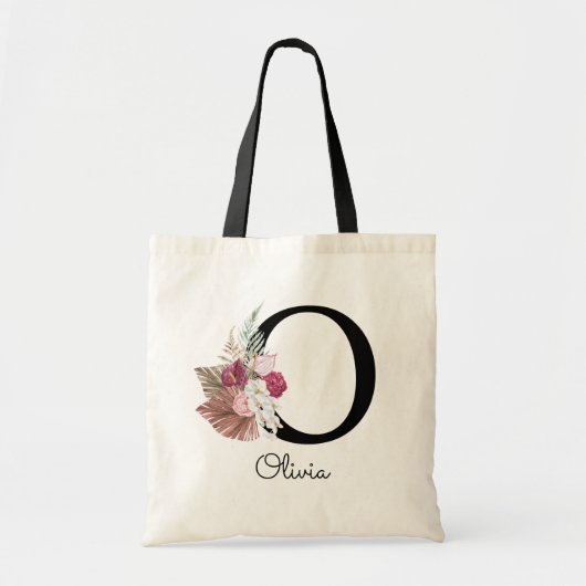 Tote Bag Broderie initiale O rose boho floral girly (Devant)