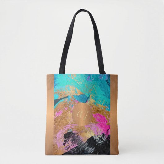 Tote Bag Brosse d'art moderne traits bleu or monogrammed (Devant)