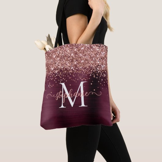 Tote Bag Brown Faux Parties scintillant Girly Glam Burgundy (De près)
