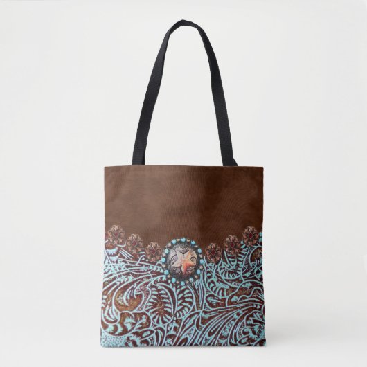 Tote Bag brun turquoise western pays à outils cuir (Devant)