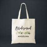Tote Bag Brush Script Botanical Green Bridesmaid<br><div class="desc">Brosse moderne tendance Script Aquarelle Botanique Vert Sac fourre-tout Bridesmaid</div>