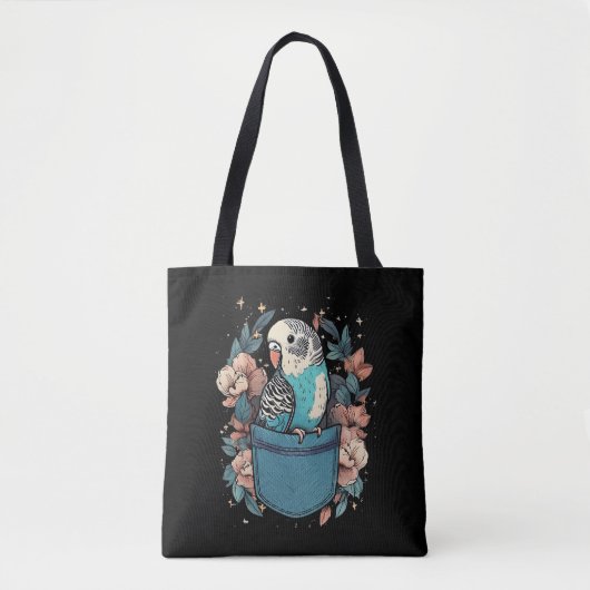 Tote Bag Budgie dans une poche | Oiseau floral (Devant)