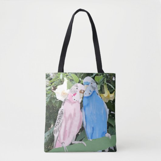 Tote Bag Budgies et fleurs de trompette blanche (Devant)