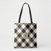 Tote Bag Buffalo Check Plaid Brown Black Monogramme Nom (Devant)