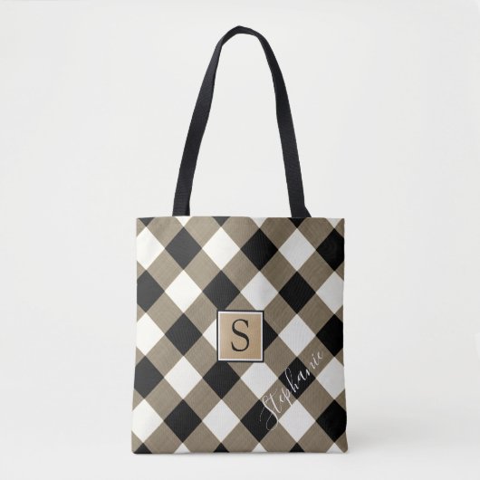 Tote Bag Buffalo Check Plaid Brown Black Monogramme Nom (Devant)