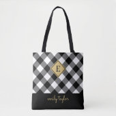 Tote Bag Buffalo Check Plaid Monogramme Nom noir et blanc (Devant)