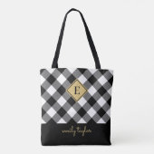 Tote Bag Buffalo Check Plaid Monogramme Nom noir et blanc (Dos)