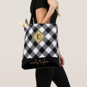 Tote Bag Buffalo Check Plaid Monogramme Nom noir et blanc (De près)