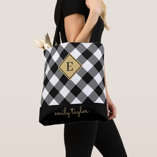 Tote Bag Buffalo Check Plaid Monogramme Nom noir et blanc (De près)