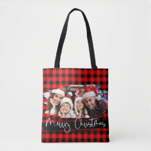 Tote Bag Buffalo Plaid Grunge Photo personnalisée Noël