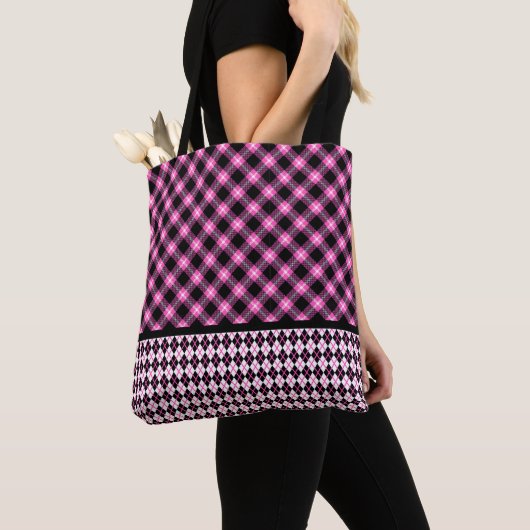 Tote Bag Buffalo Plaid & Jacquard en Fuchsia & Black (De près)