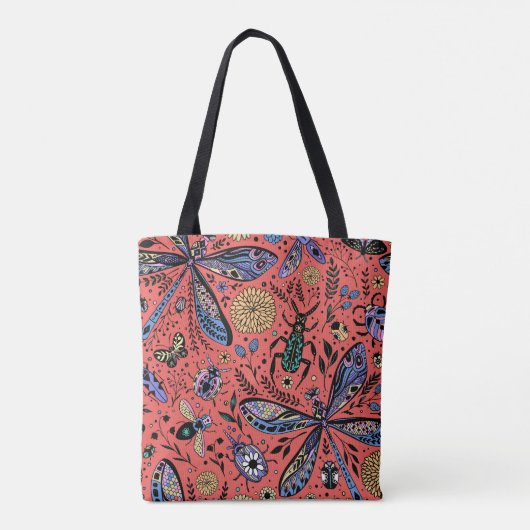 Tote Bag Bugs de Doodle sur corail rouge (Dos)
