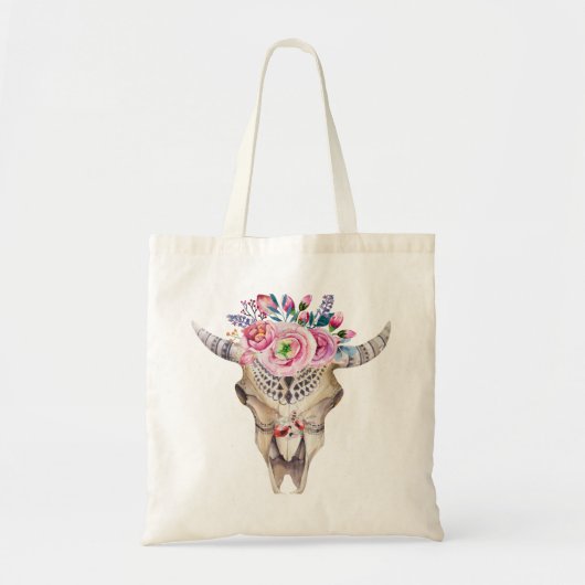 Tote Bag Bull Skull & Flowers Watercolor Illustration (Devant)