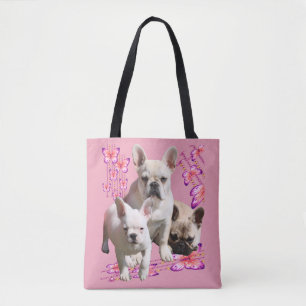 Tote Bag Bulldog français avec trois bulldogs en rose