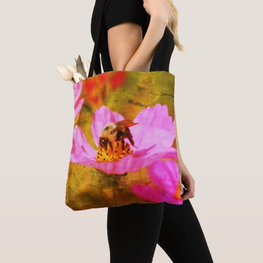 Tote Bag Bumble Bee On Rose Cosmos Flower Art (De près)