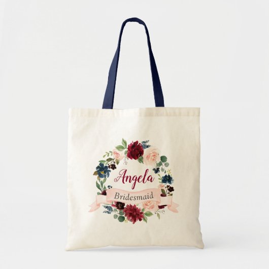 Tote Bag Burgundy Blush Blue Floral Wreath Bridesmaid (Devant)