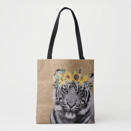 Tote Bag Burlap Tiger noir blanc Tournesol Couronne (Devant)