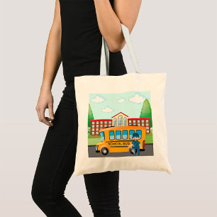 Tote Bag Bus scolaire jaune avec chauffeur et bâtiment scol