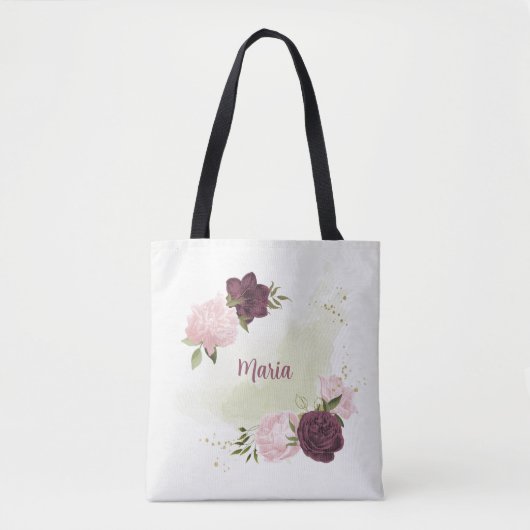 Tote Bag cabernet vert rose fleuri (Devant)