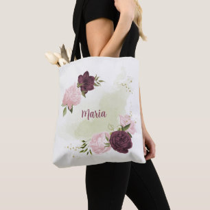 Tote Bag cabernet vert rose fleuri