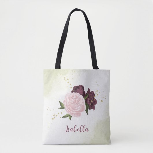 Tote Bag cabernet vert rose fleuri (Devant)