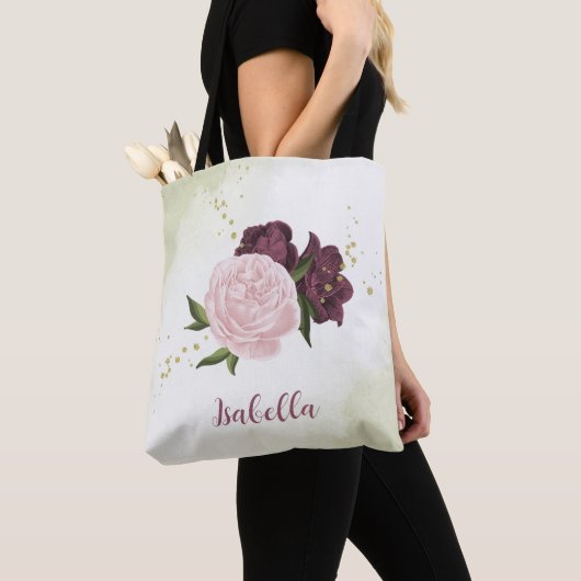 Tote Bag cabernet vert rose fleuri (De près)