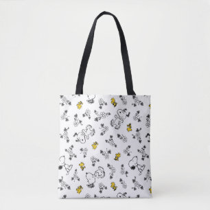 Tote Bag cacahuètes   Snoopy & Woodstock B&W Flower Motif