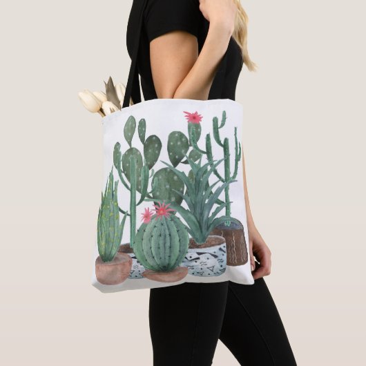 Tote Bag Cactus aquarelle. (De près)