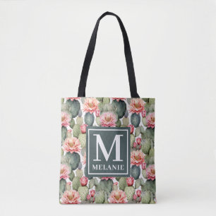 Tote Bag Cactus Motif Fleurs roses Monogramme