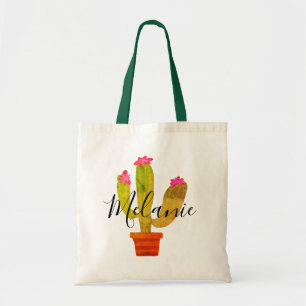 Tote Bag Cactus vert avec fleurs roses nom personnalisé