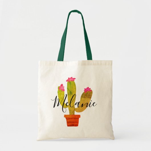 Tote Bag Cactus vert avec fleurs roses nom personnalisé (Devant)