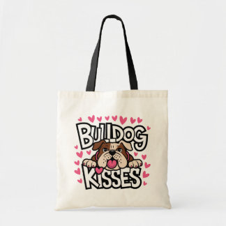 Tote Bag Cadeau Bouledogue Anglais Chiots Cœurs Roses Bisou