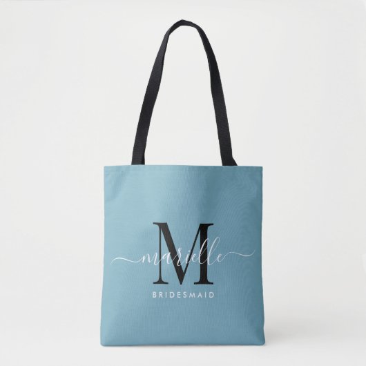 Tote Bag Cadeau Bridesmaid Blanc Noir Monogramme Dusty Bleu (Devant)