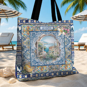Tote Bag Cadeau de monogramme floral de citron bleu d'été i