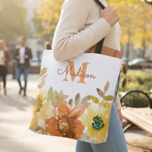 Tote Bag Cadeau de monogramme floral orange personnalisé