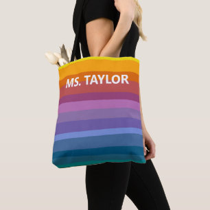 Tote Bag Cadeau de nom d'enseignant aux rayures arc-en-ciel