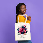 Tote Bag Cadeaux de demoiselle d'honneur nom personnalisé m<br><div class="desc">Cadeaux de demoiselle d'honneur nom personnalisé bleu marine roses sac fourre-tout floral,  fait un beau cadeau de gardien pour les filles de la fête de mariée.</div>