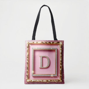 Tote Bag Cadre Doré Monogramme Diamant D Paillettes Roses