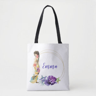 Tote Bag Cadre en or Sirène  Monogramme personnalisé floral