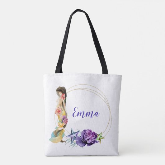 Tote Bag Cadre en or Sirène Monogramme personnalisé floral (Dos)