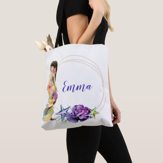 Tote Bag Cadre en or Sirène Monogramme personnalisé floral (De près)